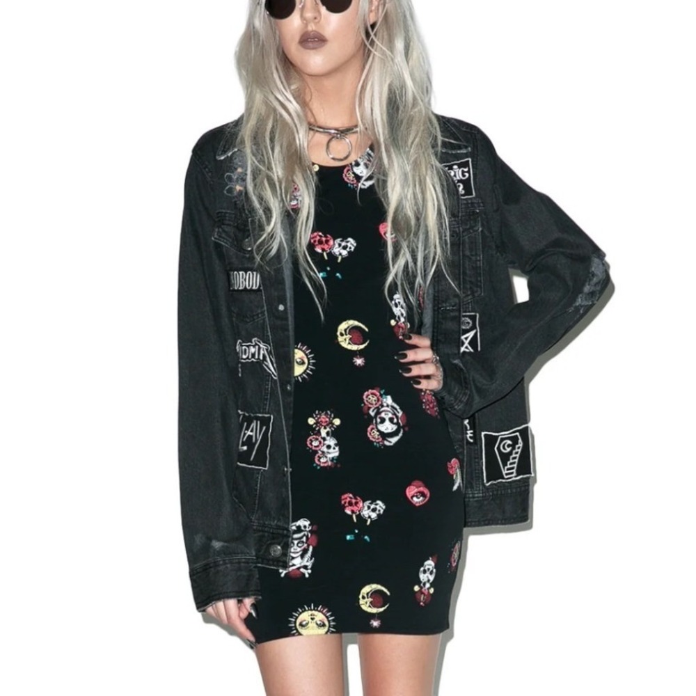 Iron Fist Black Tattoo Flash‎ Print Sleeveless Bodycon Mini Dress XL Skulls Sun